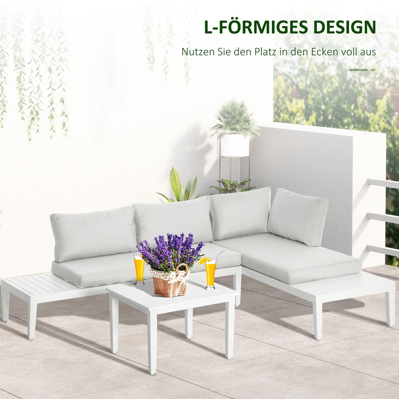 Outsunny 3-teiliges Gartenmöbel-Set mit Beistelltisch Balkonmöbel Set Sofa mit Kissen L-Form Outdoor Aluminium Cremeweiß
