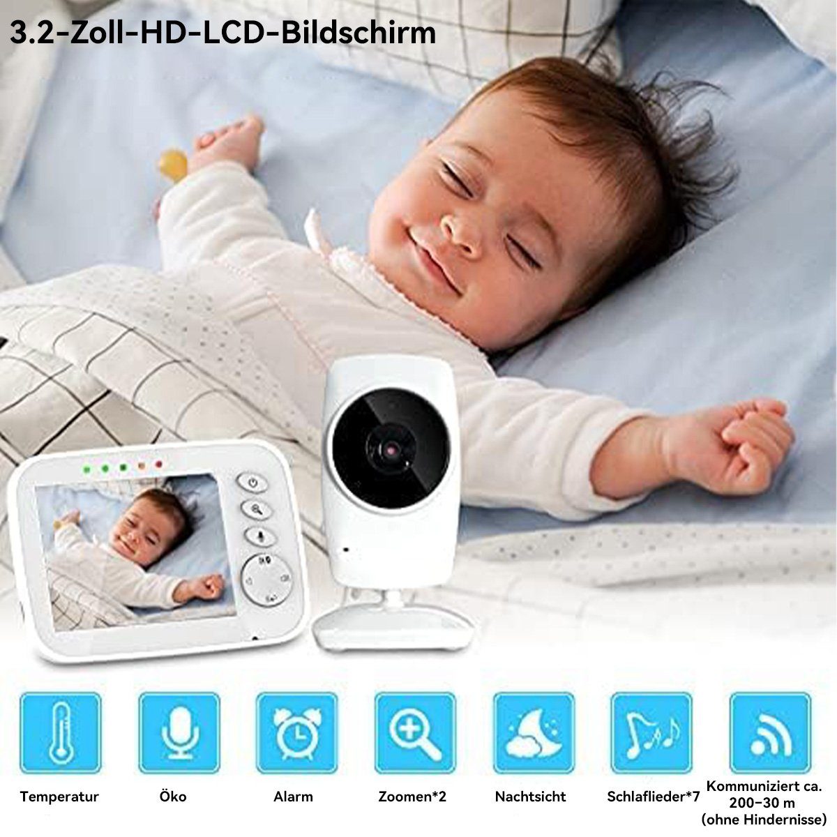 Hikeren Babyphone Baby Monitor mit Kamera Video, 2,4 GHz Gegensprechfunktion, Nachtsicht, 1-tlg., Temperaturüberwachung und Alarm; Zwei-Wege-Gegensprechanlage