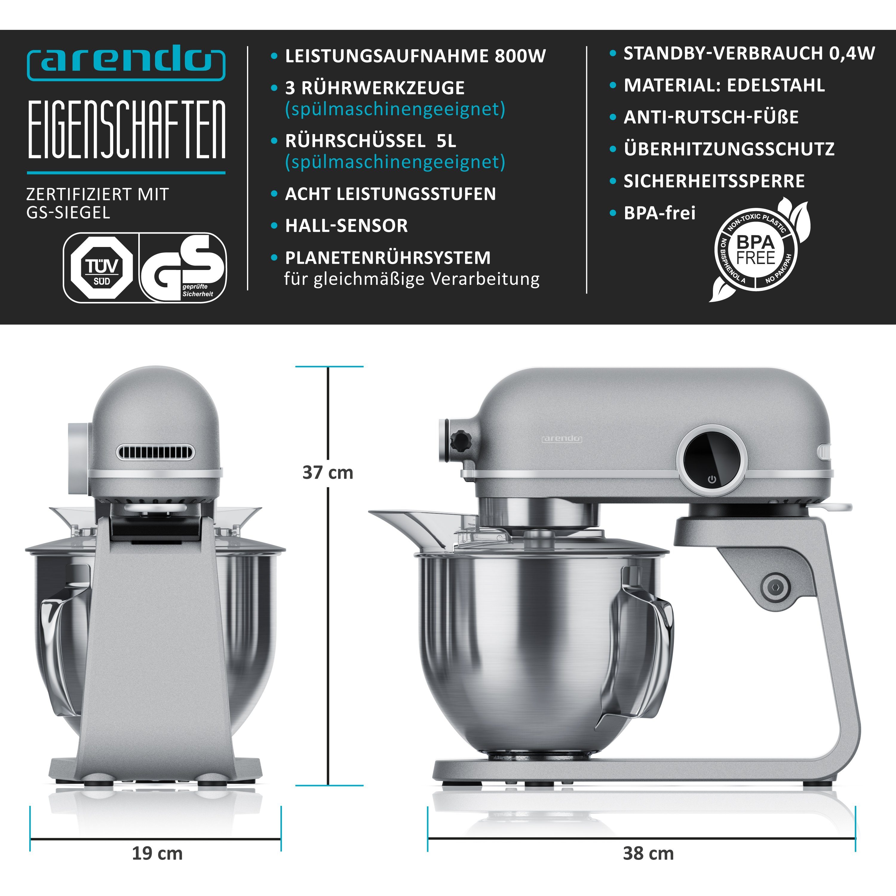 Arendo Kompakt-Küchenmaschine, 800 W, 800W Rührmaschine, 5L Edelstahlschüssel, 3 Rührwerkzeuge, Knetmaschine