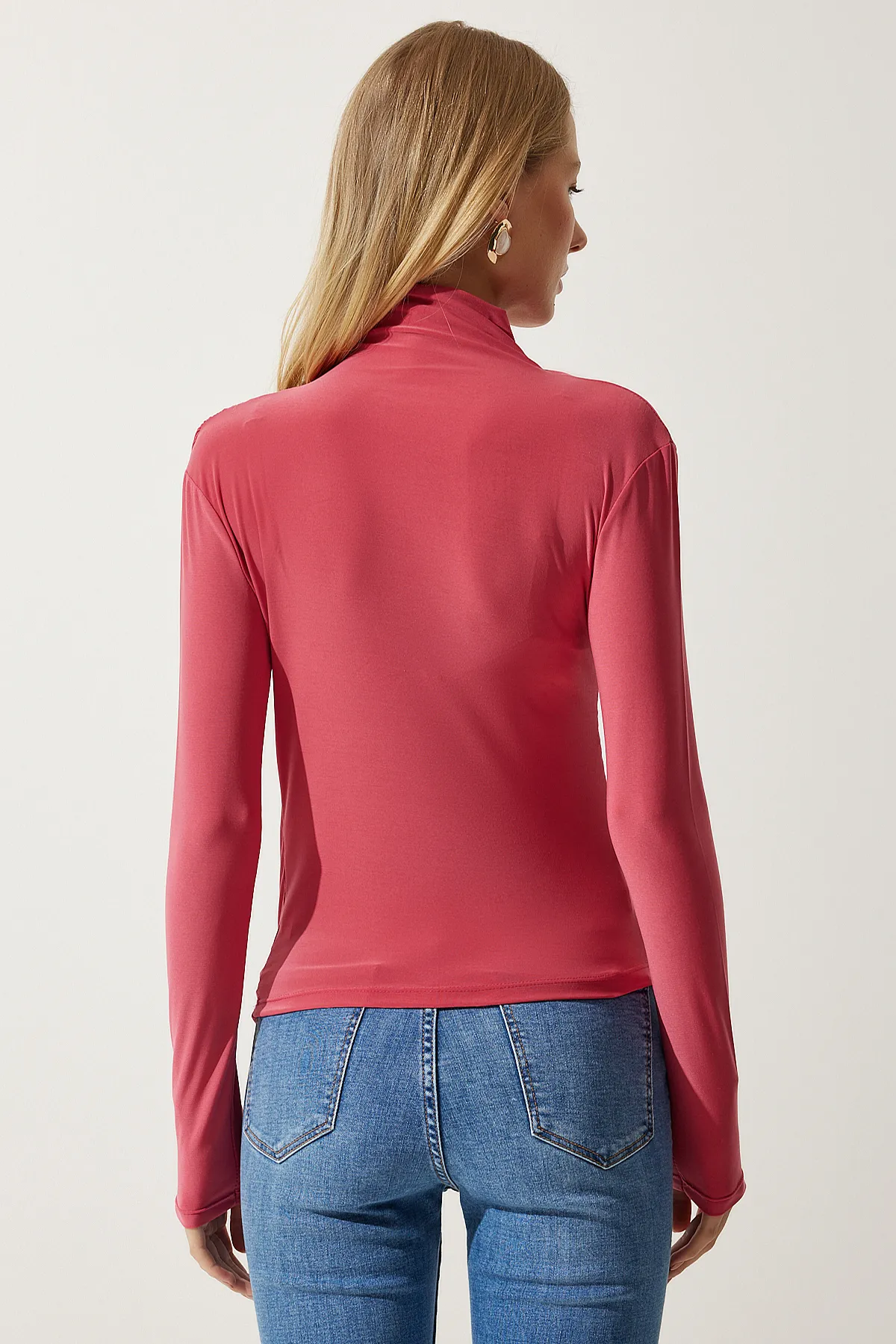 Happiness İstanbul  Damen Bluse Sandy mit Stehkragen und Raffung in Bonbonrosa FF00135