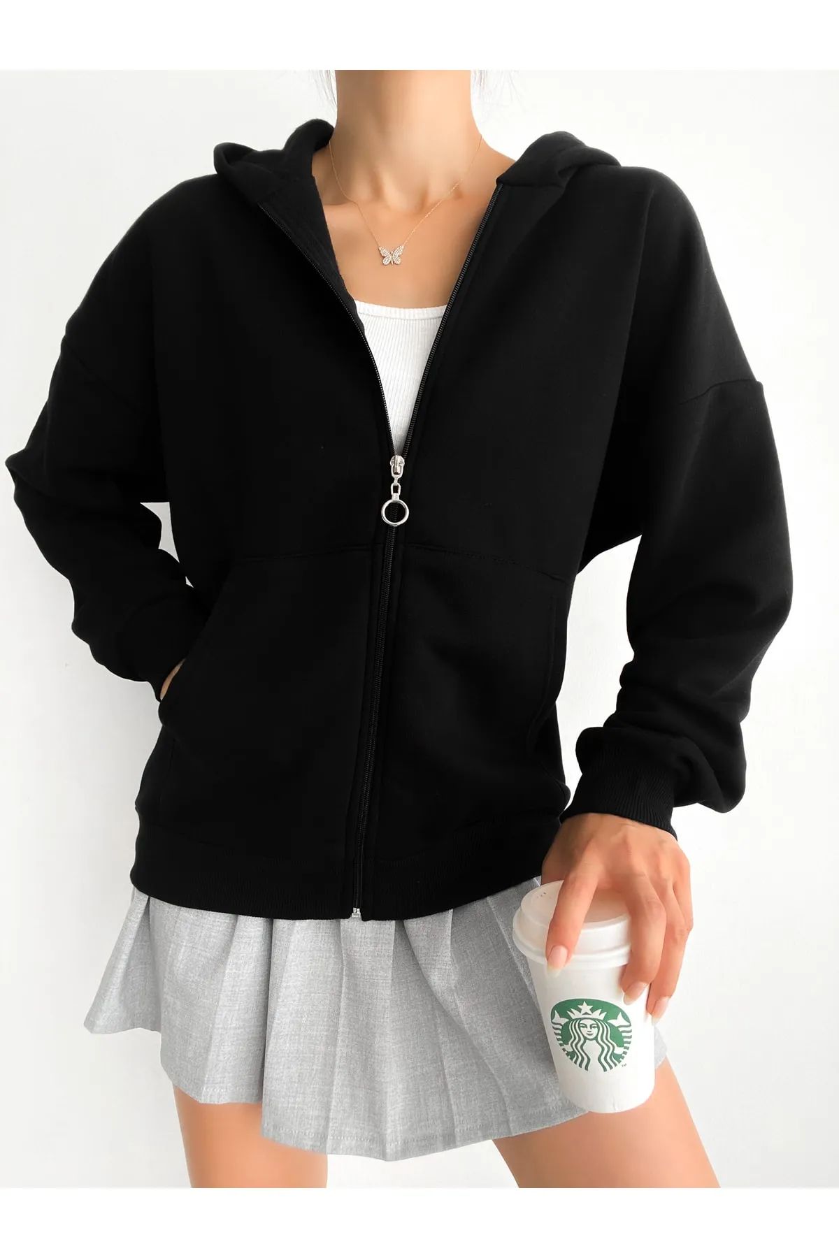 BEJNA  Schwarzer Oversize-Sweat-Cardigan mit Reißverschluss für Damen