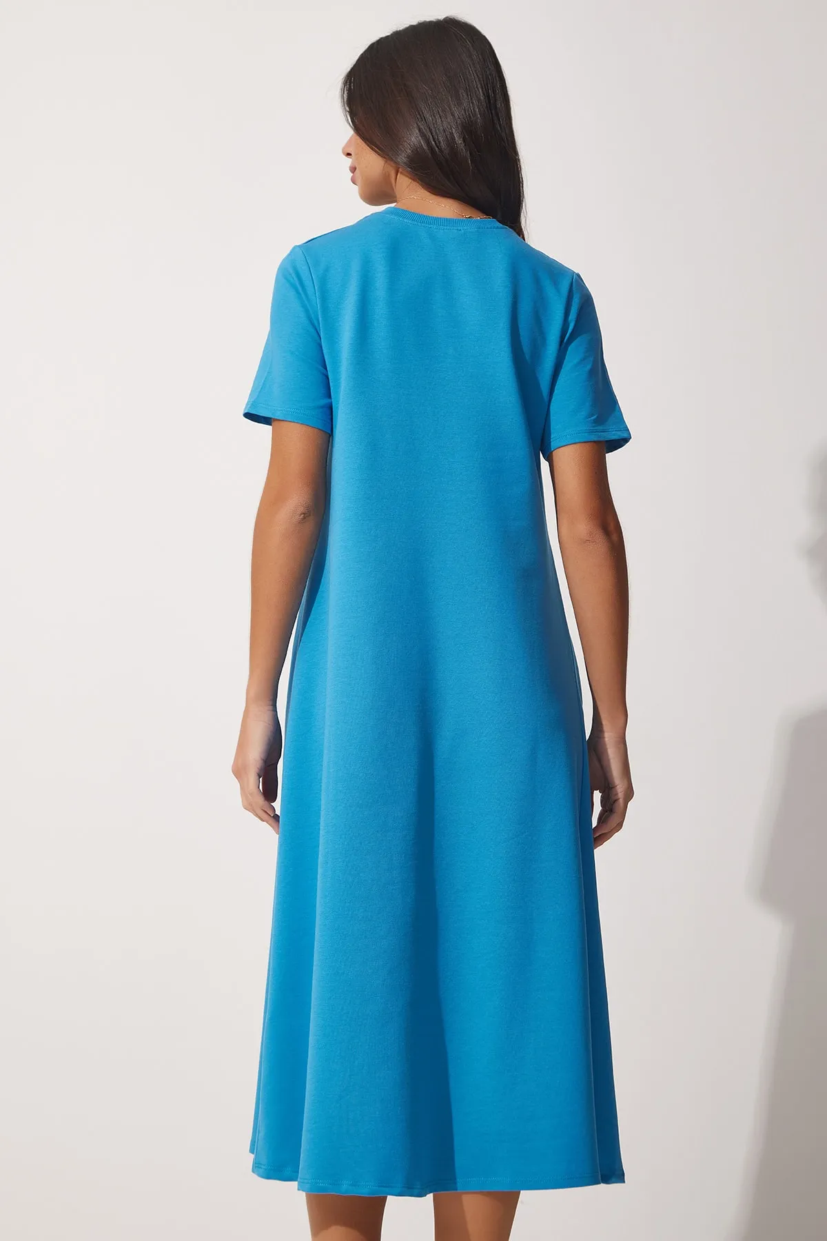 Happiness İstanbul  Blaues A-Linien-Sommerkleid für Damen aus gekämmter Baumwolle UB00060