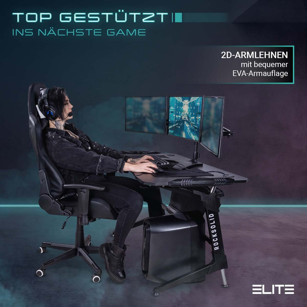 ELITE Gaming Gaming-Stuhl Ergonomischer Bürostuhl Destiny inkl. Rücken- & Nackenkissen (Drehstuhl mit 2D-Armstützen, verriegelbare Wippmechanik, mechanische Härtegradeinstellung, verstellbare Sitzhöhe, 90° klappbare Rückenlehne, Sicherheits-Doppelrol