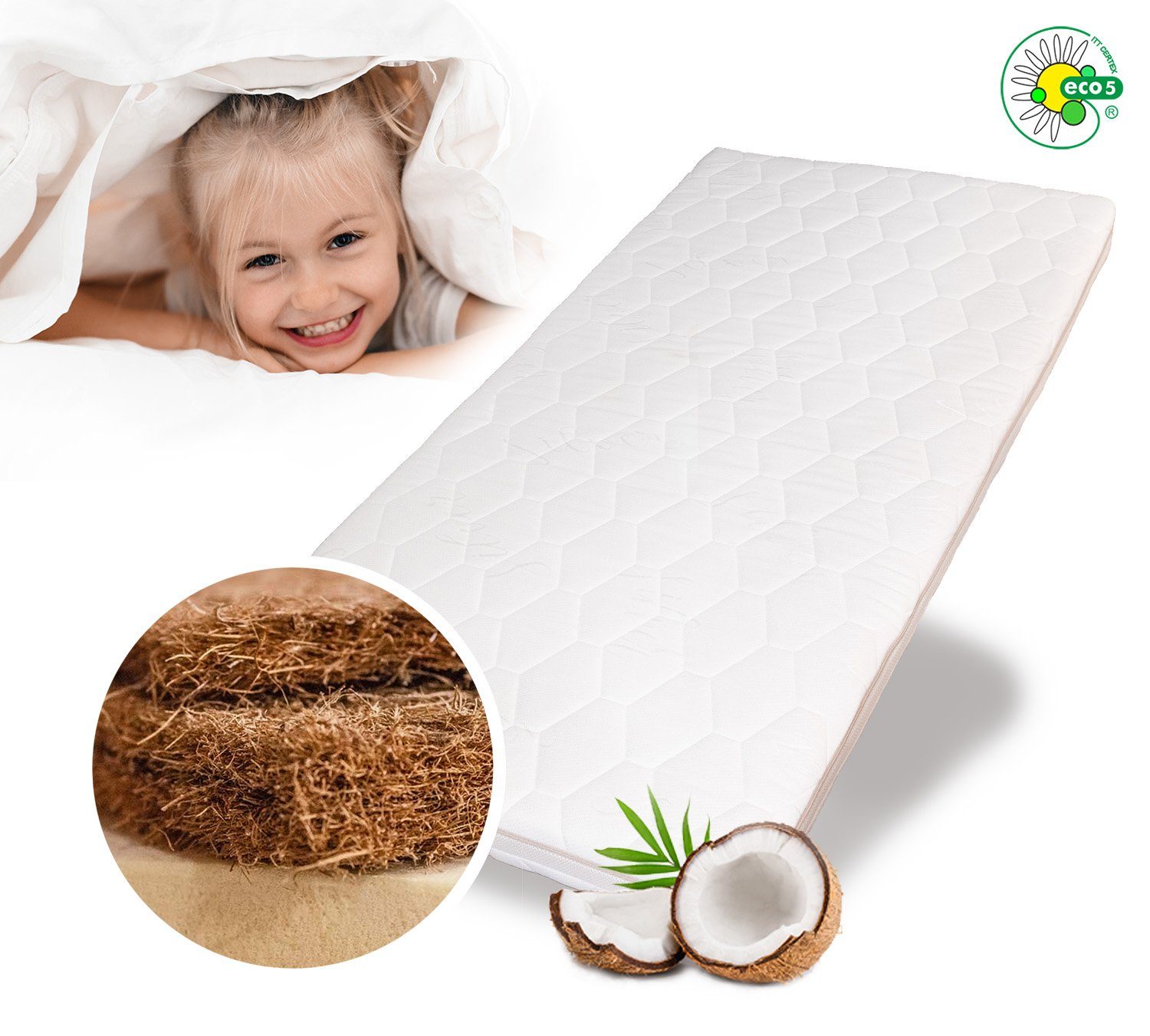 Kindermatratze ECO aus Kokos und Kaltschaum, Alcube, 10 cm hoch, Babymatratze 60x120 cm ohne Trittkante, Gemütliche Matratze 4 Seiten Reißverschluß, für Babybett I Atmungsaktiv Matratze Pflegeleicht