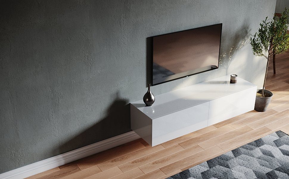 SONNI Lowboard Breite 140cm,TV Board,Hängend,Hochglanz,Weiß,140x40x30cm