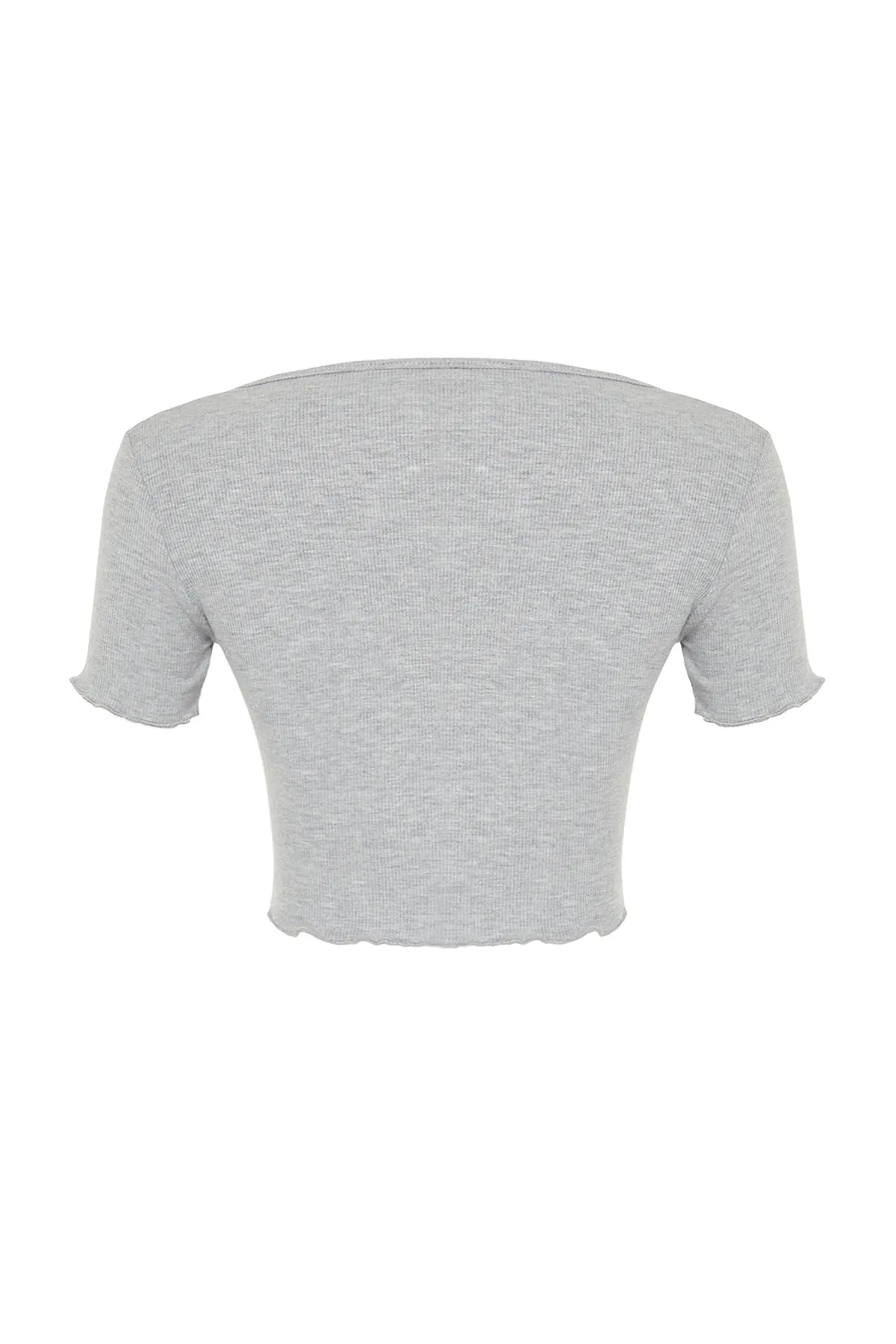 Trendyol Collection  Graue Melange-Baby-Overlock-Strickbluse mit Pool-Ausschnitt, detaillierte, bauchfreie, gerippte, dehnbare Strickbluse TWOSS24BZ00197