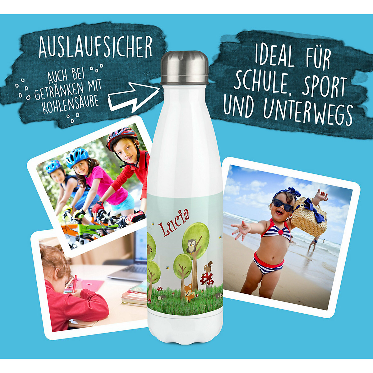 Edelstahl Kinder Thermoflasche / Trinkflasche bunt Waldwiese Spülmaschinenfest, Auslaufsicher, Bruchfest, Doppelwandig, Für Heißgetränke geeignet, Mit Deckel, Isoliert