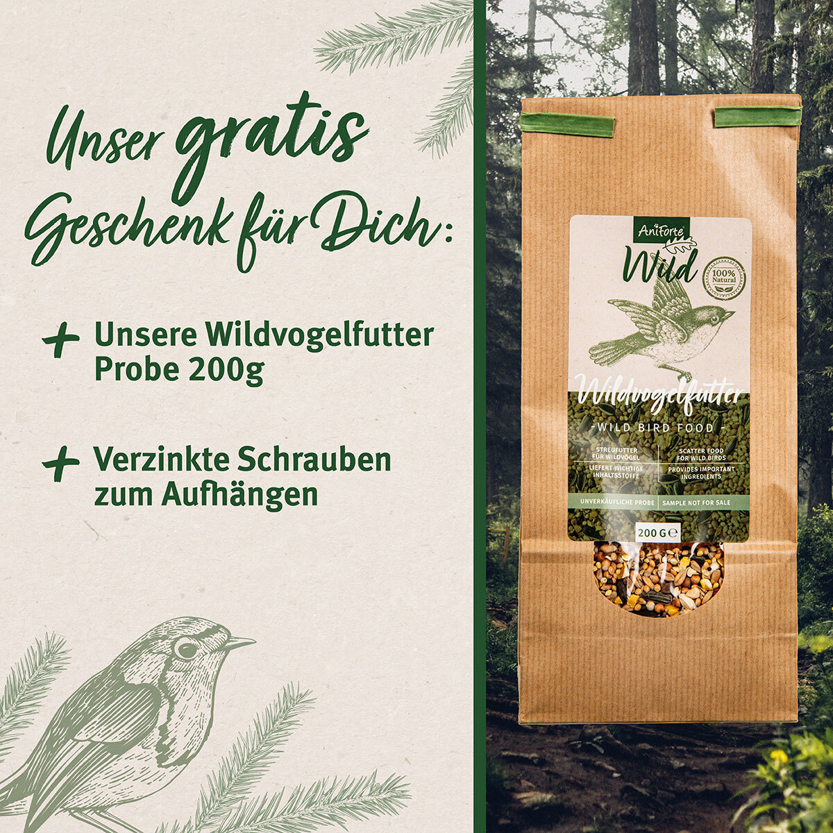 Aniforte Vogelhäuser & Nistkästen Aniforte Wild Futterspender für Wildvögel + 200g Futter
