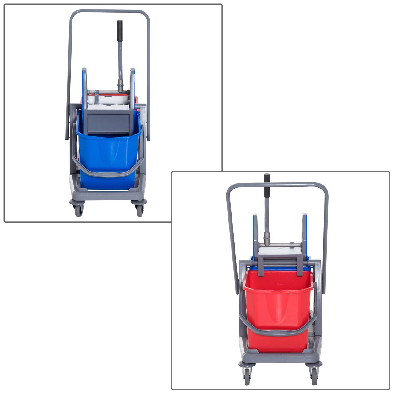 HOMCOM Putzwagen Reinigungswagen Wischwagen mit 2 Eimern Systemwagen mit 4 leichtgängigen Rollen Metall PP Blau Rot 73 × 45 × 92 cm