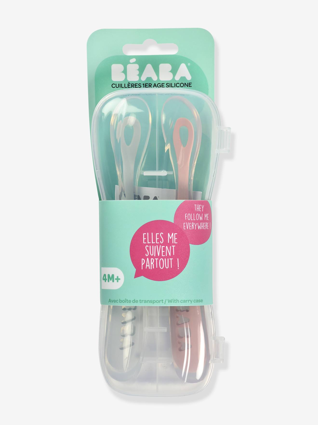 Lot de 2 cuillères ergonomiques d'apprentissage + boîte de transport BEABA rose/gris