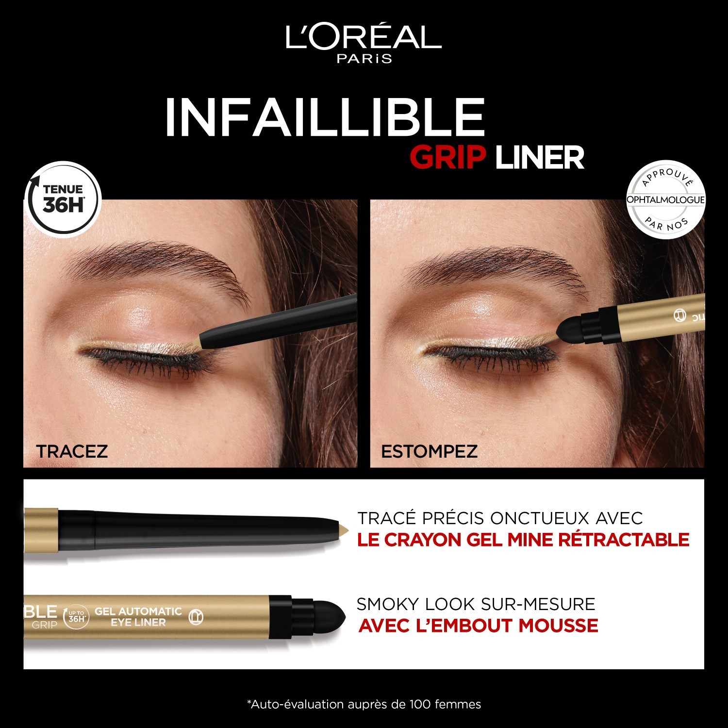 Lápiz delineador de ojos retráctil resistente al agua de L'Oréal Paris, hasta 36 horas de duración*.