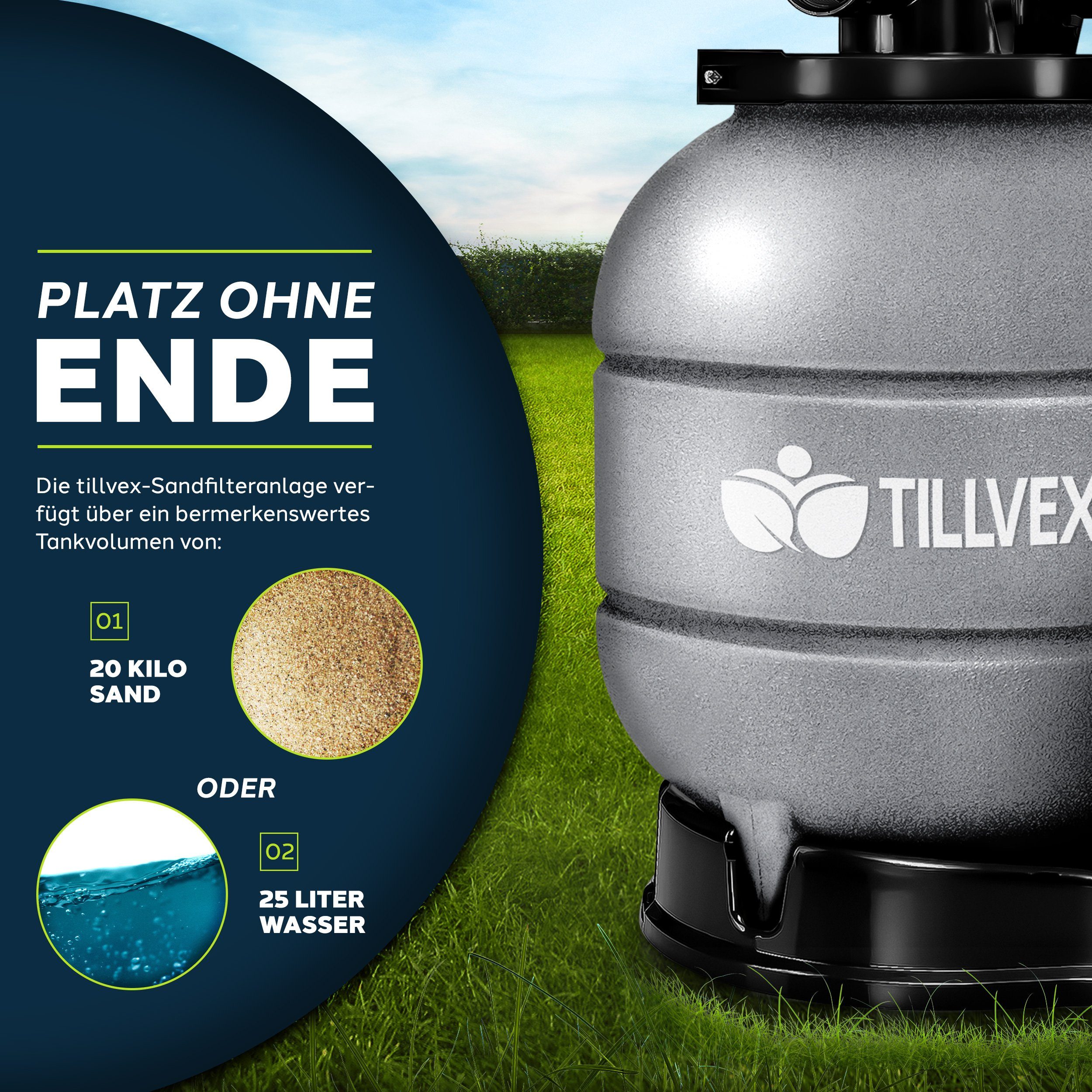 tillvex Sandfilteranlage 10 m³/h Filteranlage 5-Wege Ventil Poolfilter, Filterkessel mit Druckanzeige Sandfilter für Pool und Schwimmbecken