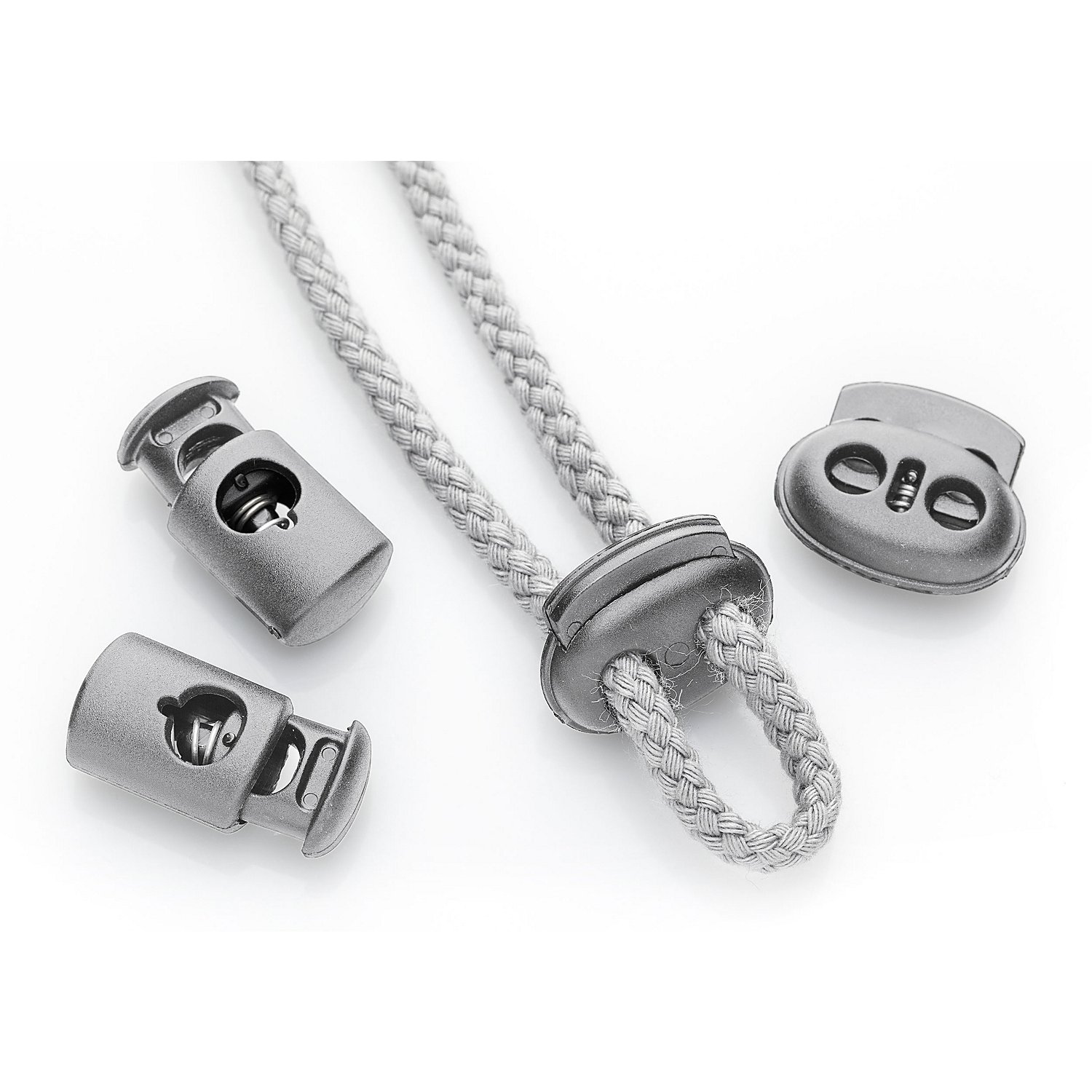 buttinette Kordelstopper-Set, grau, für Kordeln bis 5 mm Ø und 6 mm Ø, Inhalt: 4 Stück