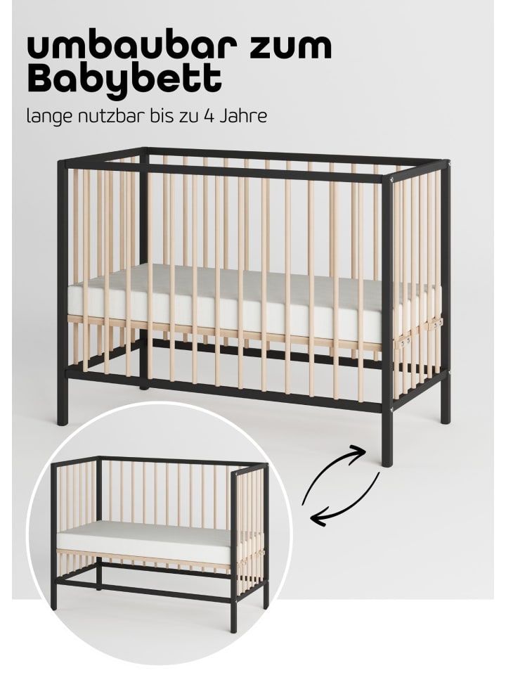 Sämann Beistellbett mit Matratze & Umbauseite - schwarz/natur - Dreamy 4 in 1 Bett günstig kaufen 60x120 cm