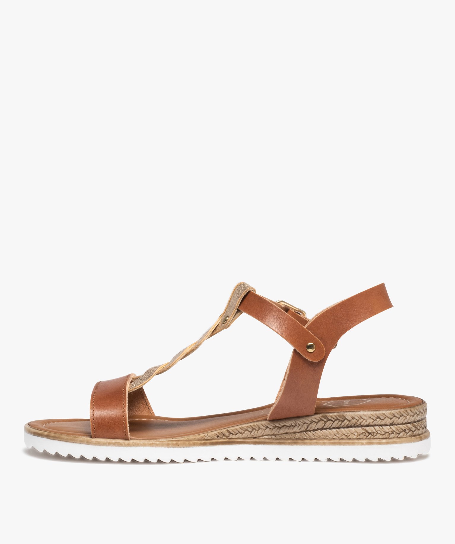 Sandales femme compensées en cuir avec détail tressé doré - Taneo