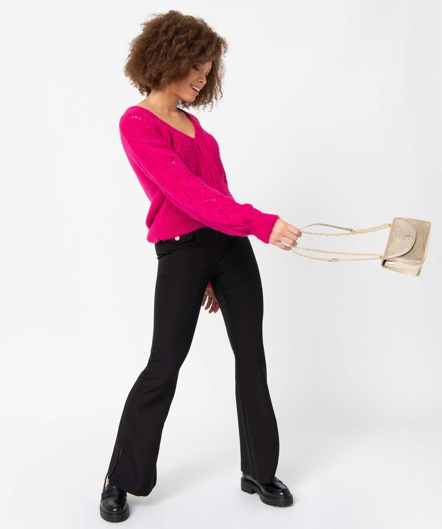 Pantalon femme coupe flare avec bas fendus noir | GEMO