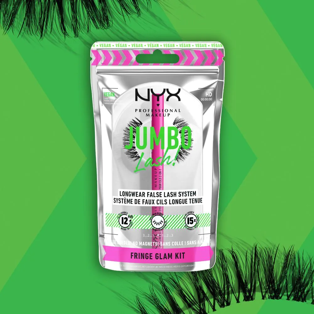 NYX Jumbo Lash! Sæt (Fringe Glam Falske Øjenvipper + Eyeliner med 2-i-1 Klæbemiddel)