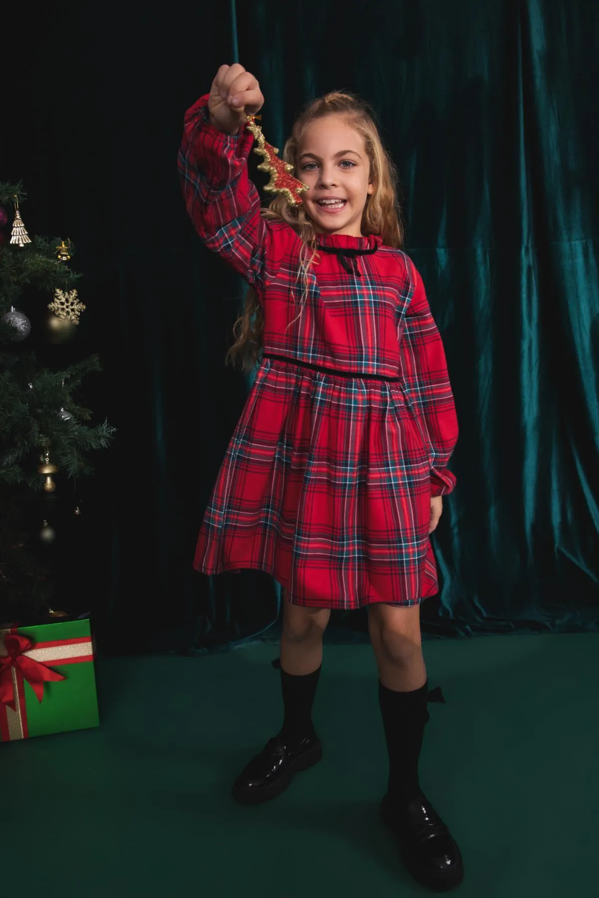 DeFacto  Kariertes Langarmkleid für Mädchen mit Neujahrsmotiv