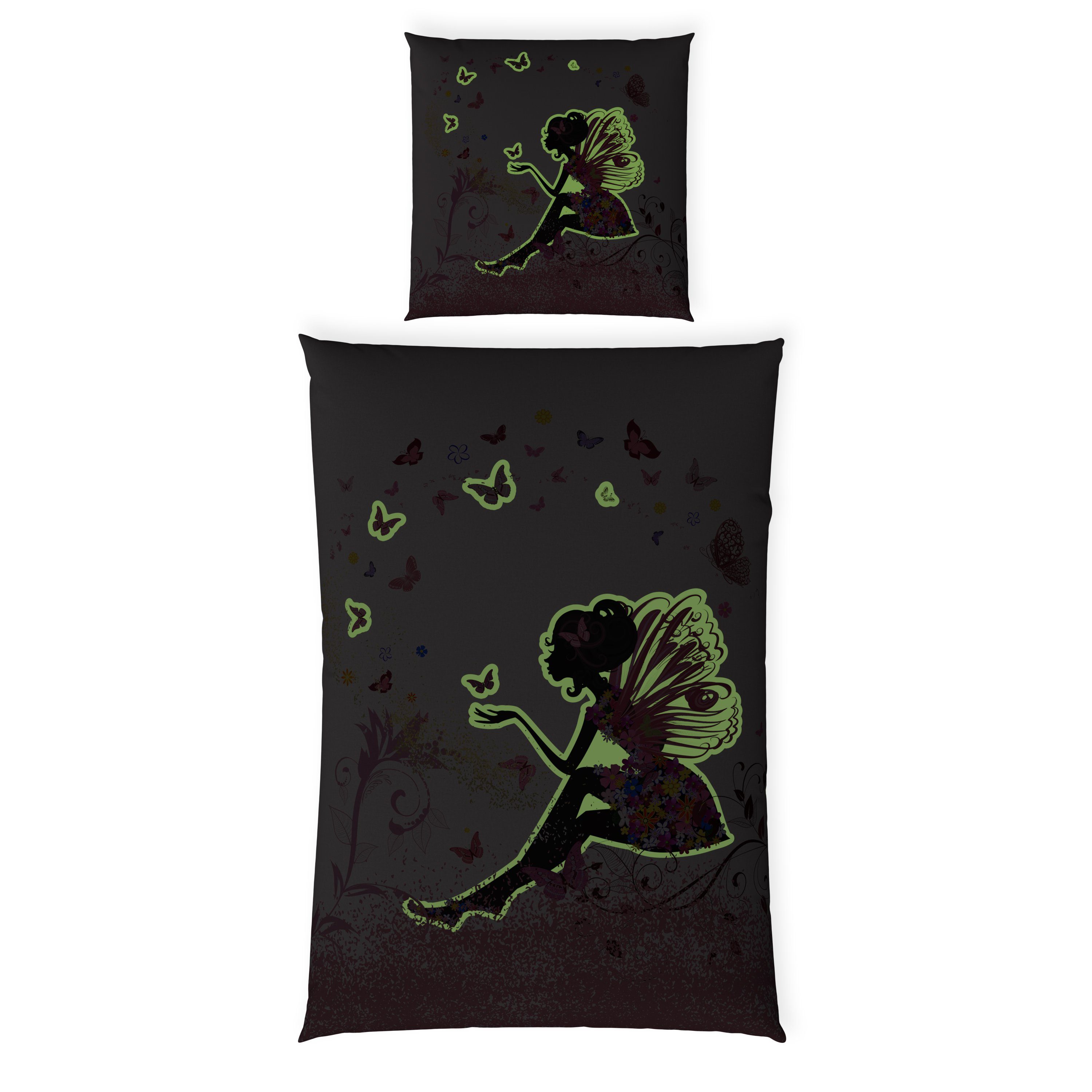Kinderbettwäsche Leuchtende Bettwäsche 135x200 Rosa Bettbezug Mädchen Fee + 10 SPIELE, Carpe Sonno, Baumwolle, 2 teilig, GLOW IN THE DARK Elfe Kinder Bettwäsche Schmetterling