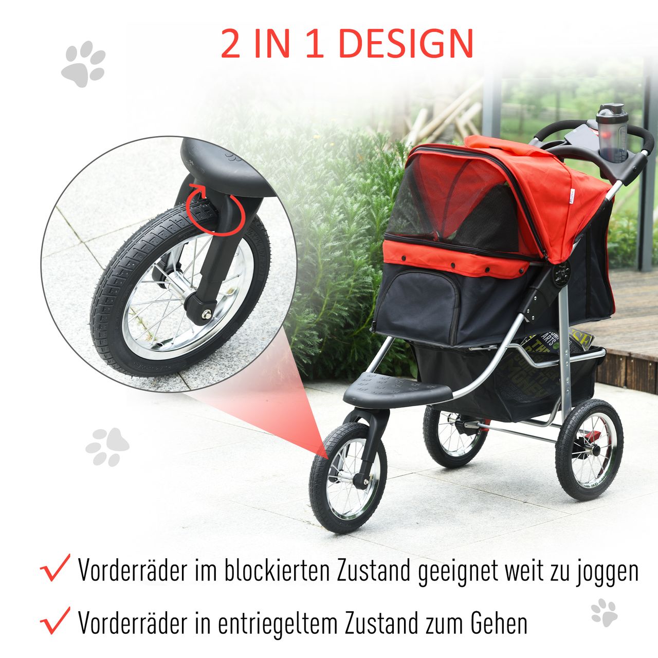 PawHut Hundewagen Hundebuggy Katzen Pet Stroller mit 3 Rädern klappbar Rot