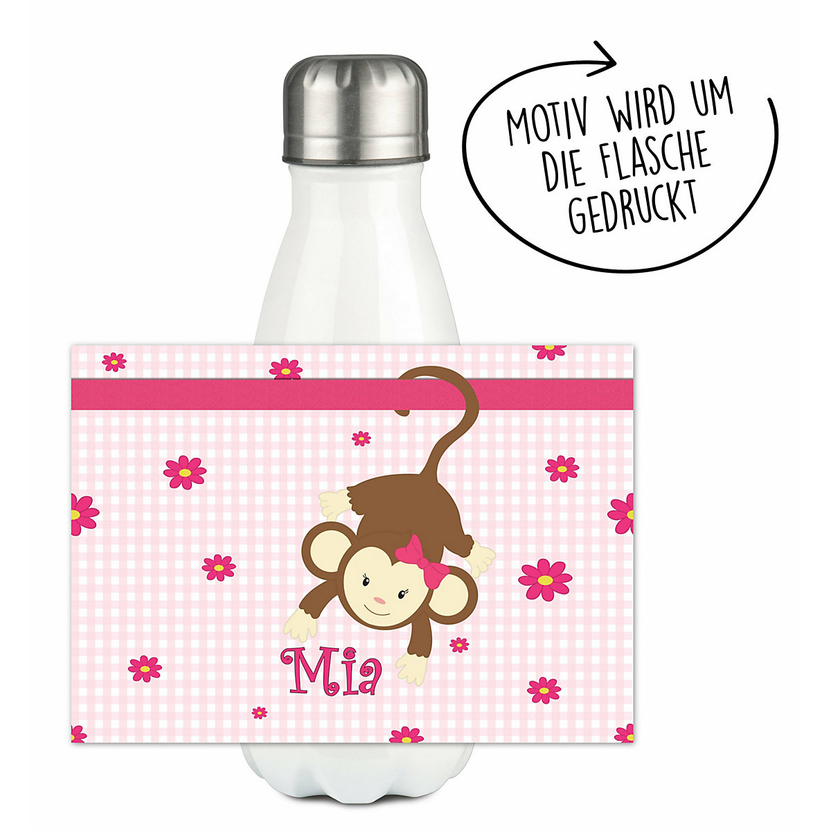 Edelstahl Kinder Thermoflasche / Trinkflasche bunt Affe hängend Farbe rosa Spülmaschinenfest, Auslaufsicher, Bruchfest, Doppelwandig, Für Heißgetränke geeignet, Mit Deckel, Isoliert