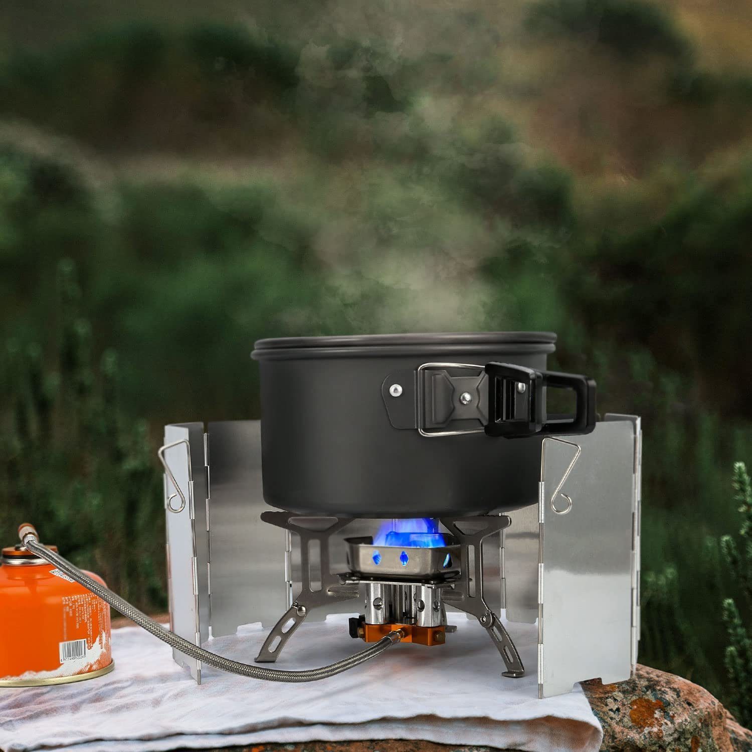 Haiaveng Gaskocher Campingkocher 6800W Gaskocher mit Piezozündung Adapter, Klein Faltbar Camping Gaskocher für Camping Picknick