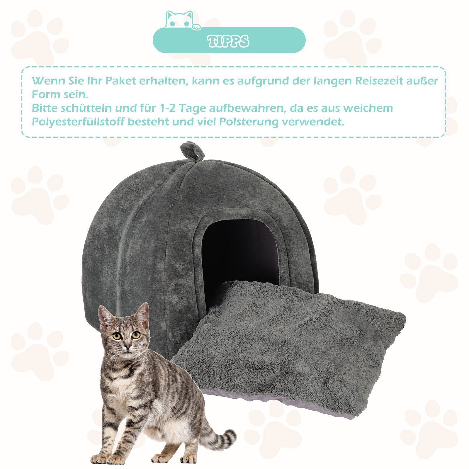 radelldar Tierbett Katzenhöhle Katzenbett große Katzen flauschig waschbar 42x42x45cm, Samt, Katzenhaus klappbar mit Kissen