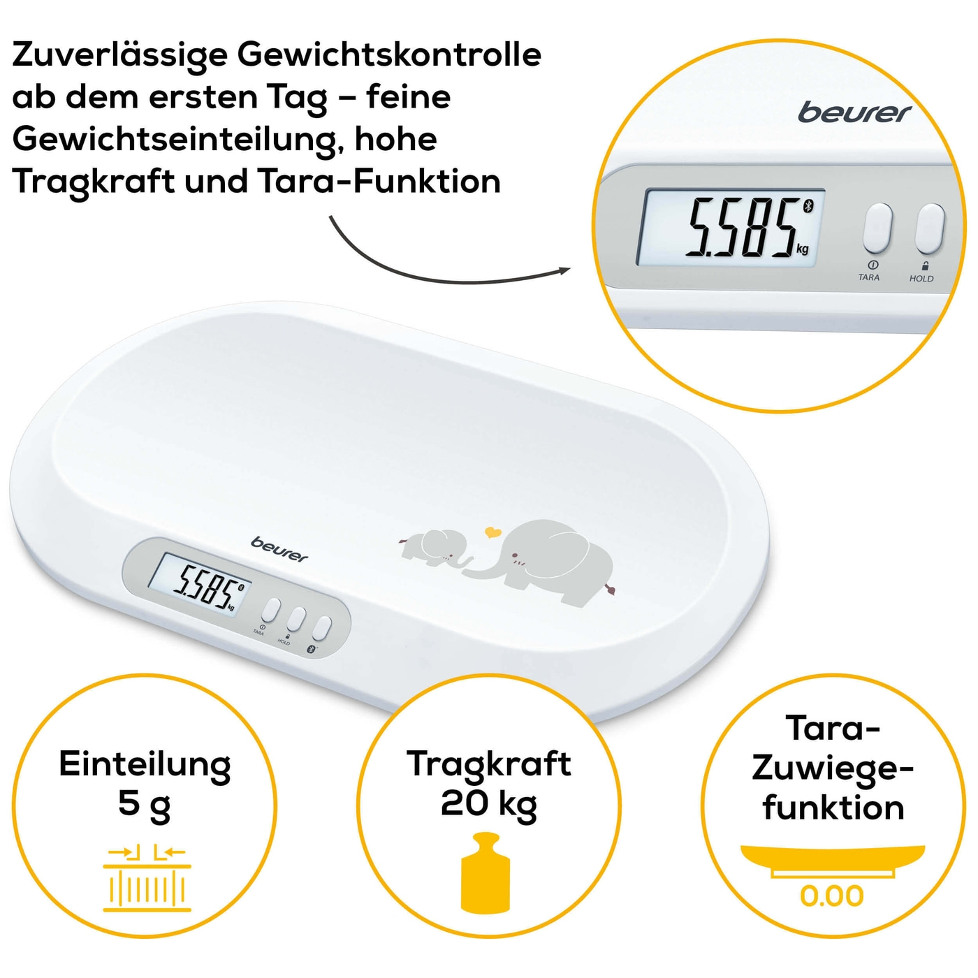 Beurer Babywaage BY 90-Babywaage mit Hold-Funktion für genaues Wiegen trotz Bewegungen & App-Anbindung