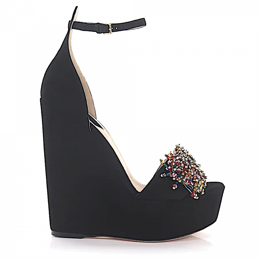 Elie Saab - Plateausandalen Veloursleder Wildleder Kristallverzierung schwarz - schwarz
