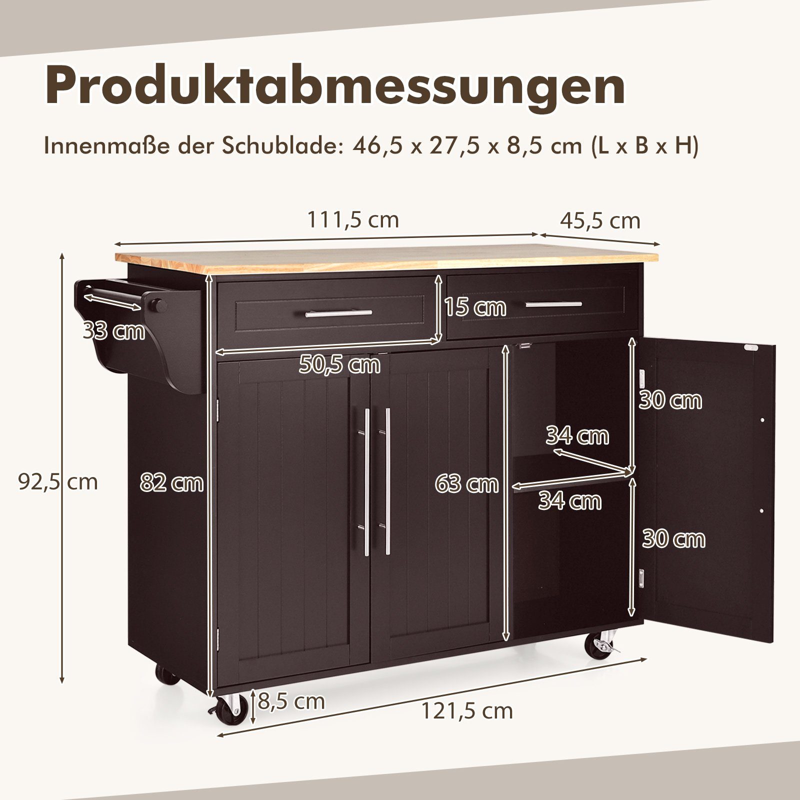 COSTWAY Küchenwagen, mit Arbeitsplatte, Schubladen & verstellbaren Regalen