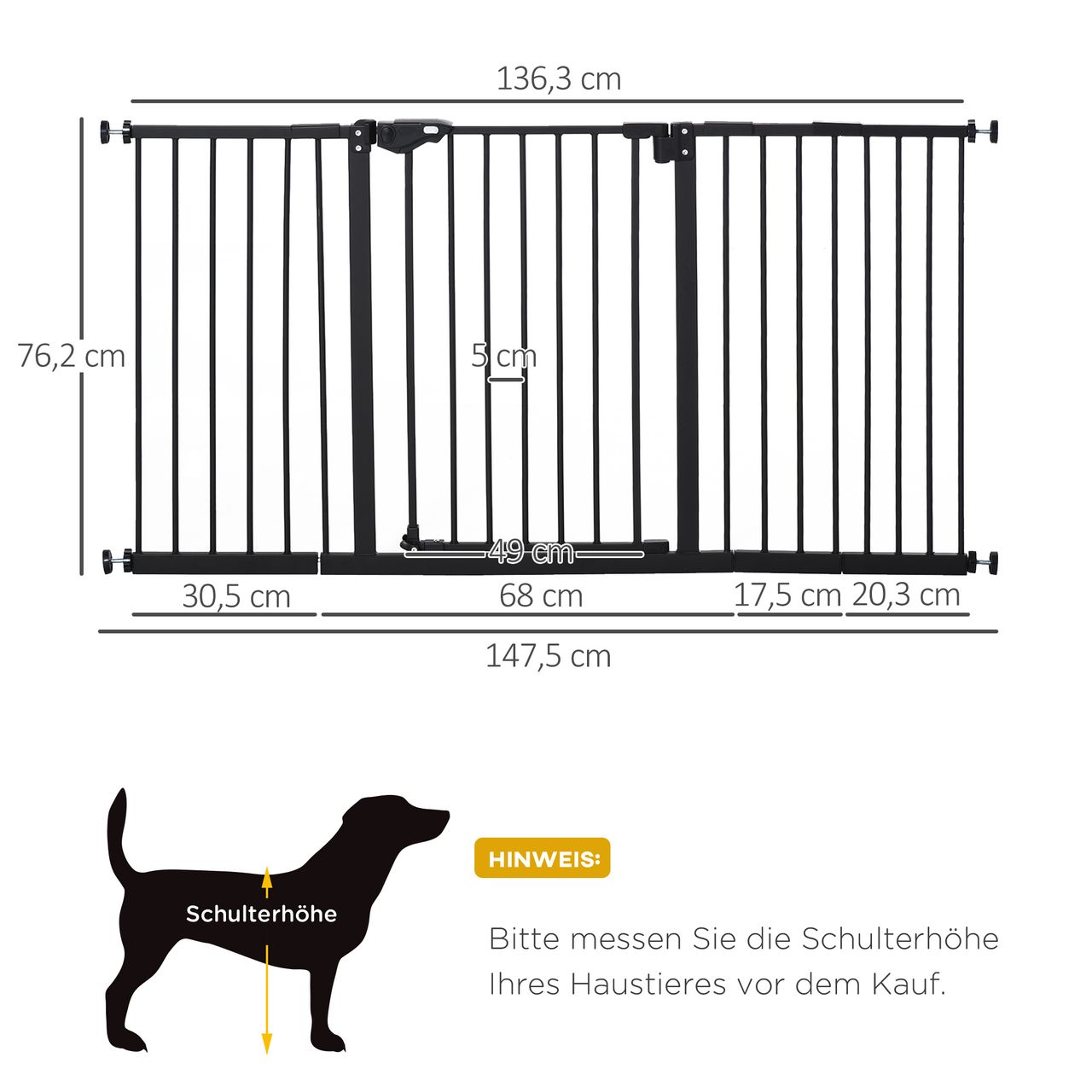 PawHut Türschutzgitter Hunde Absperrgitter Schutzgitter für Haustier Hundegitter Treppenschutzgitter ohne Bohren Metall Kunststoff Schwarz 136,3 cm x 76,2 cm