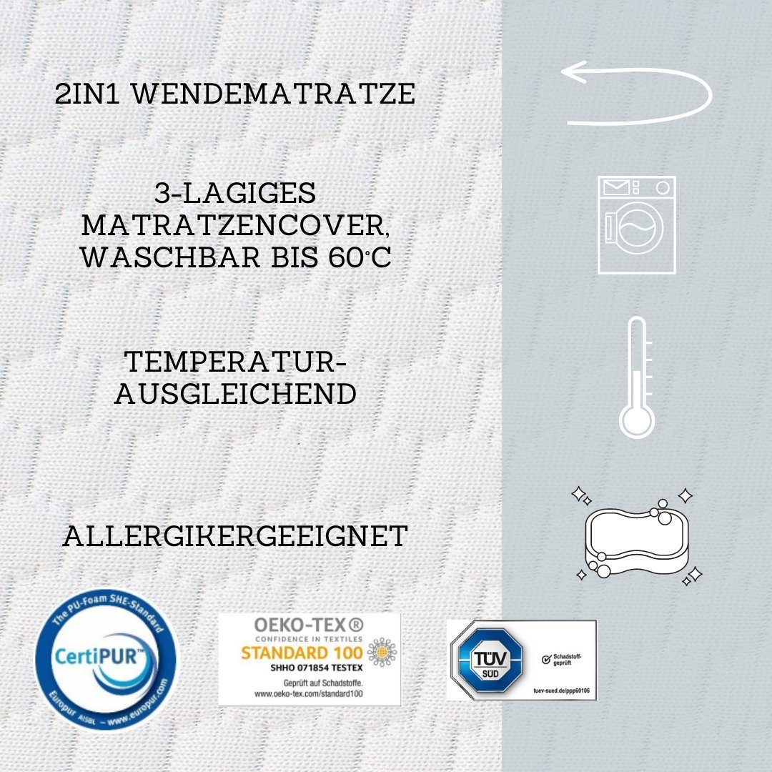 Gelschaummatratze EaZzzy Matratze Trend, Genius, 18 cm hoch, orthopädische Wendematratze mit weicher und Fester Seite, Härtegrad H2-H3, geeignet für jeden Schlaftyp