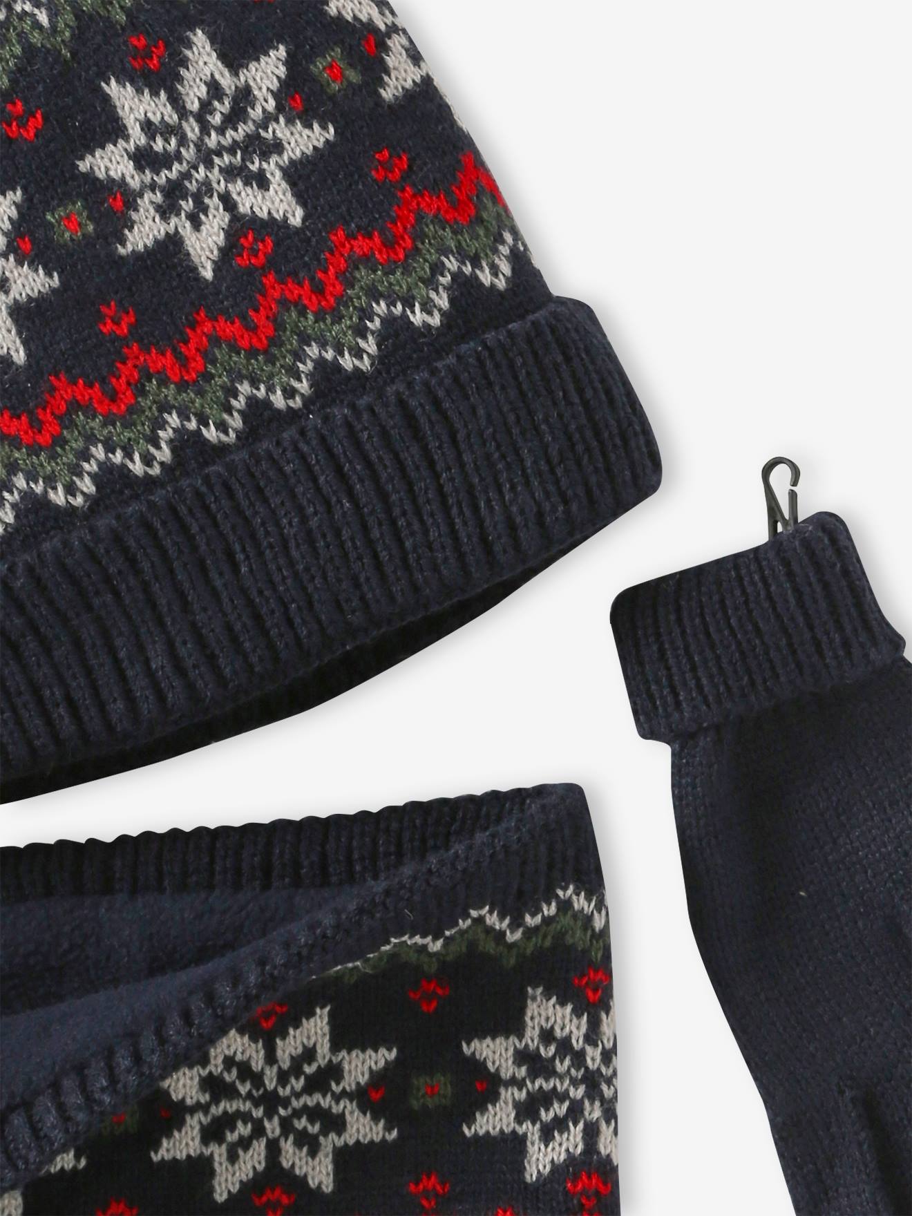 Vertbaudet Jungen Weihnachts-Geschenkset: Mütze, Handschuhe & Rundschal - marine