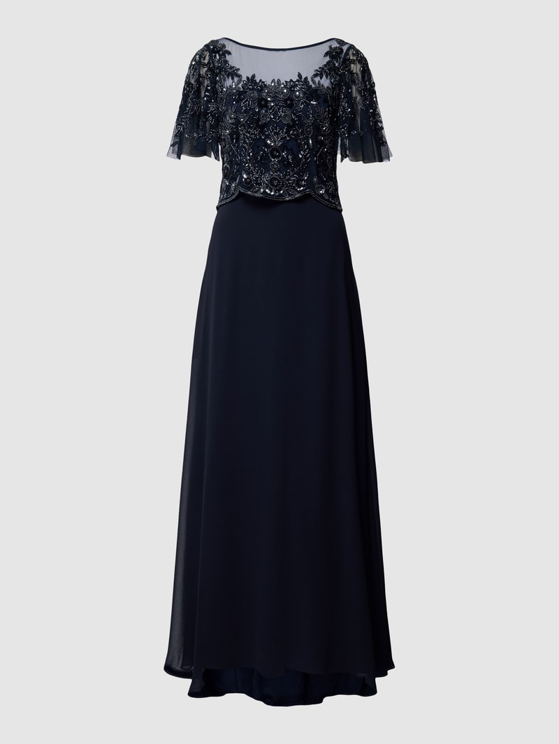 Abendkleid mit floraler Stickerei in dunkelblau