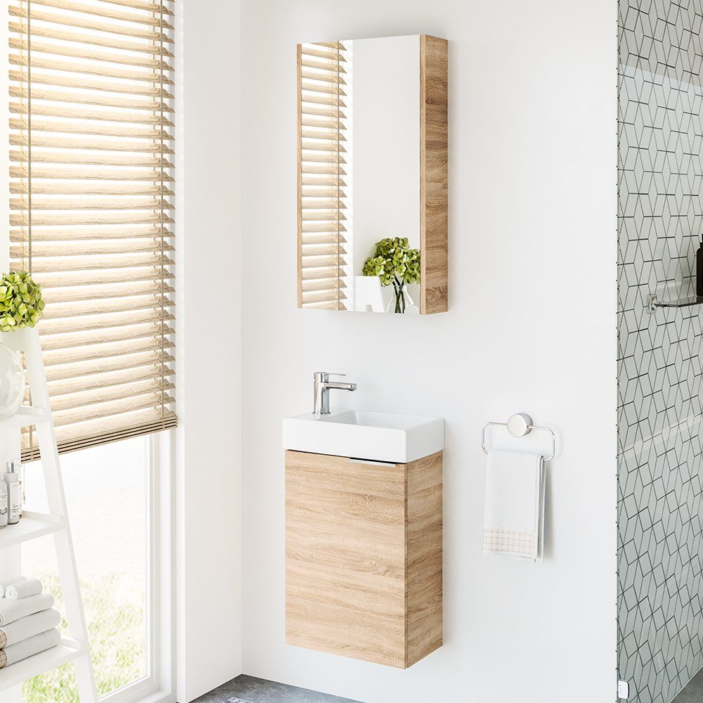 Planetmöbel Badmöbel-Set Waschtisch mit Waschbecken & Spiegelschrank, (Komplett-Set, 3-St), Badmöbel, Breite 40 cm, Soft-Close-Funktion
