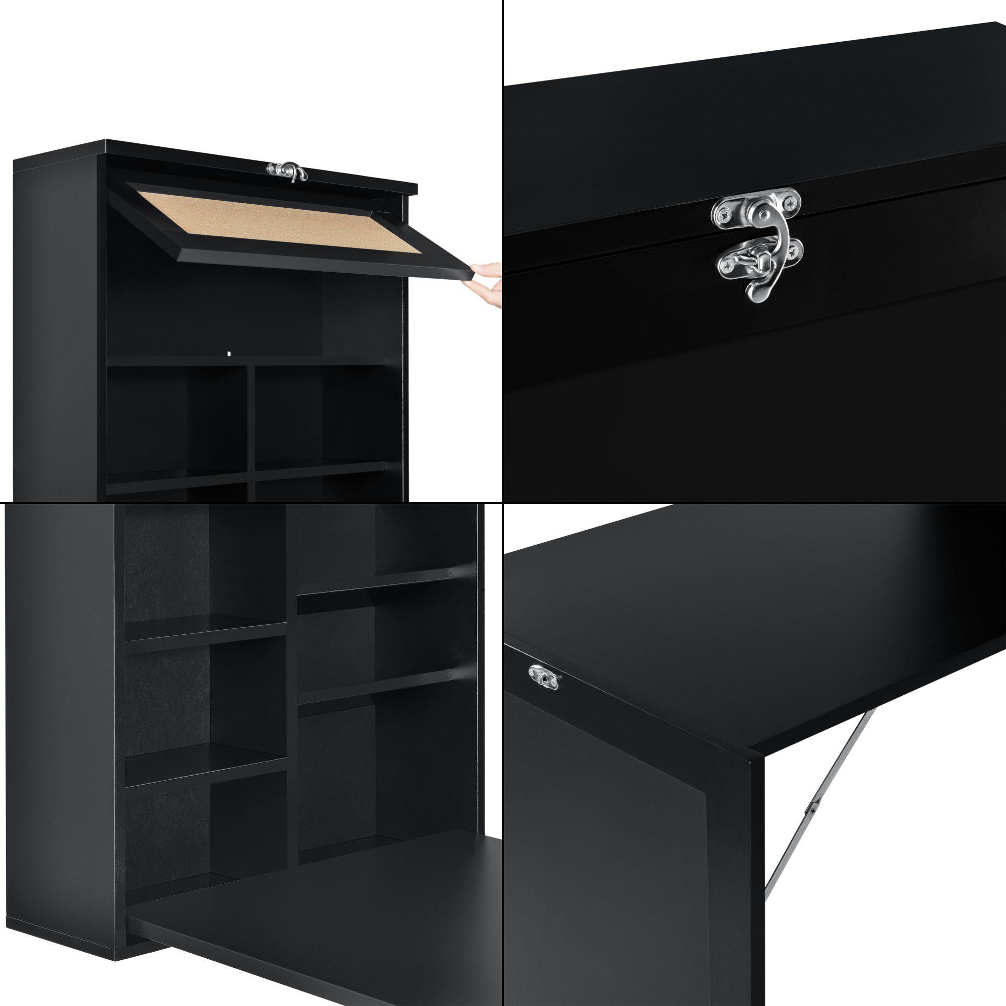 en.casa Wandregaltisch, Kläppen Klappbarer Tisch mit Regal, Pinnwand & Tafel Schwarz