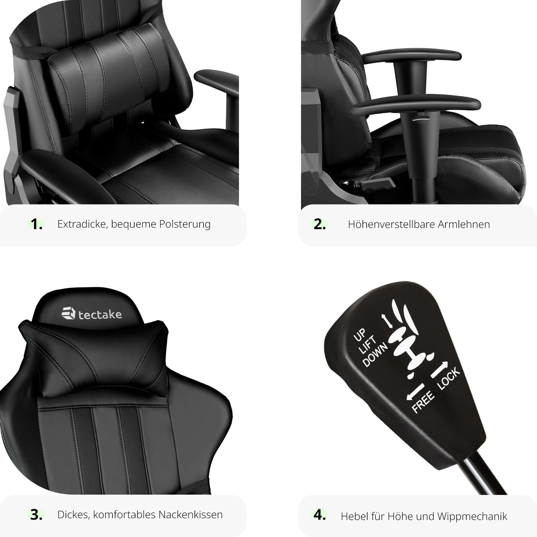 tectake Gaming-Stuhl Premium Racing Bürostuhl mit Streifen (1er, 1 St), Rückenlehne bis 105° verstellbar