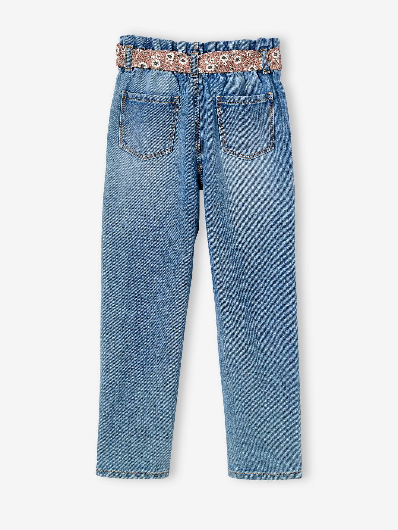 Jean style paperbag et sa ceinture fleurie fille denim black