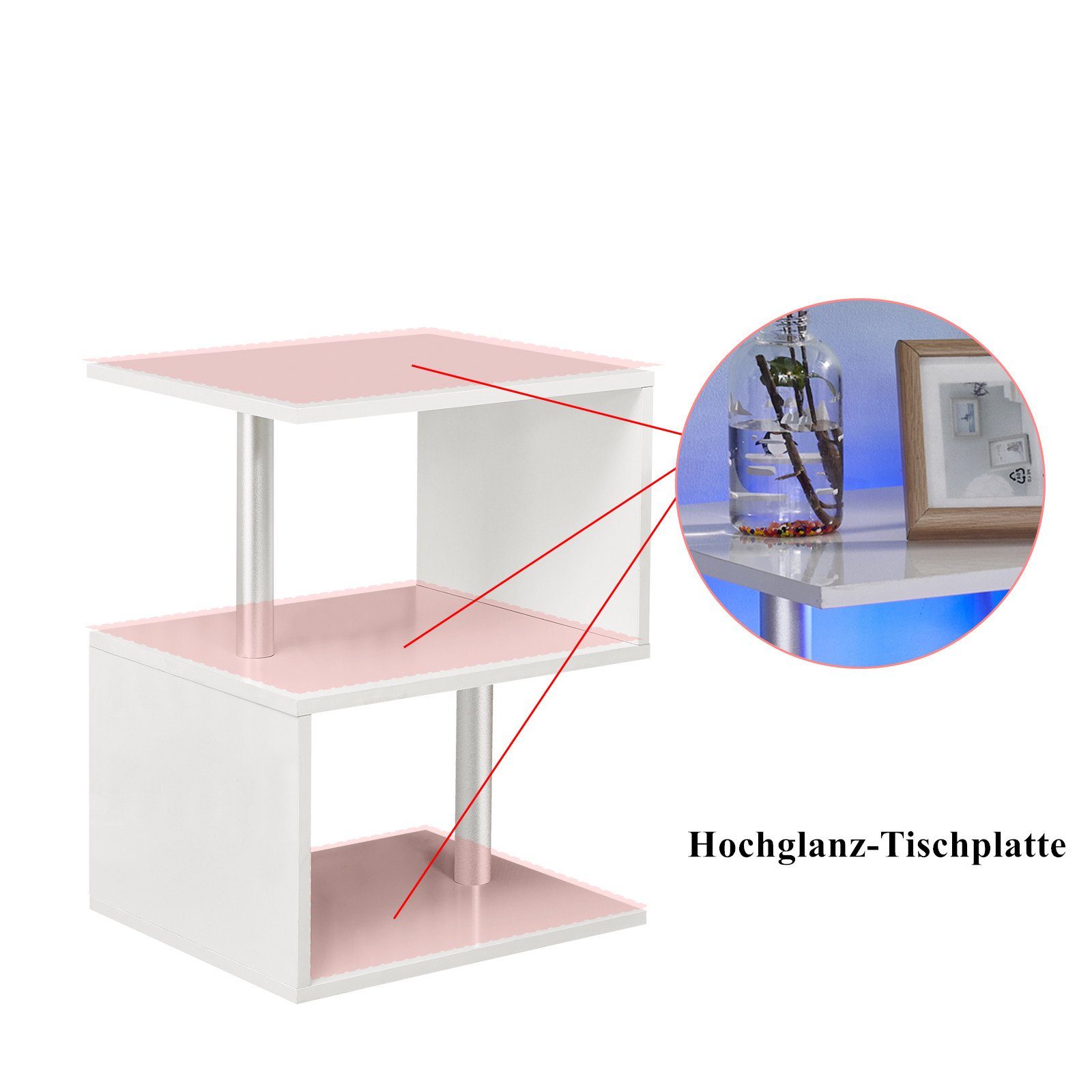 CLIPOP Nachtkommode S-Form Nachttisch, 44x38x58cm Beistelltisch mit LED