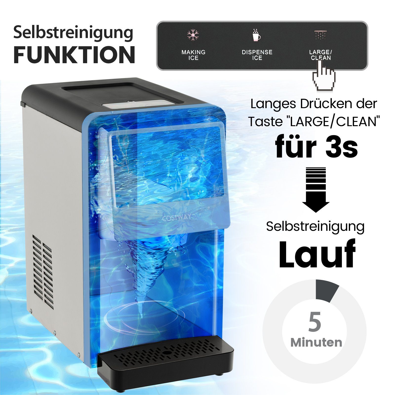 COSTWAY Eiswürfelmaschine, 27kg in 24H, 1,5kg in 5 Min, 4 kg Kapazität