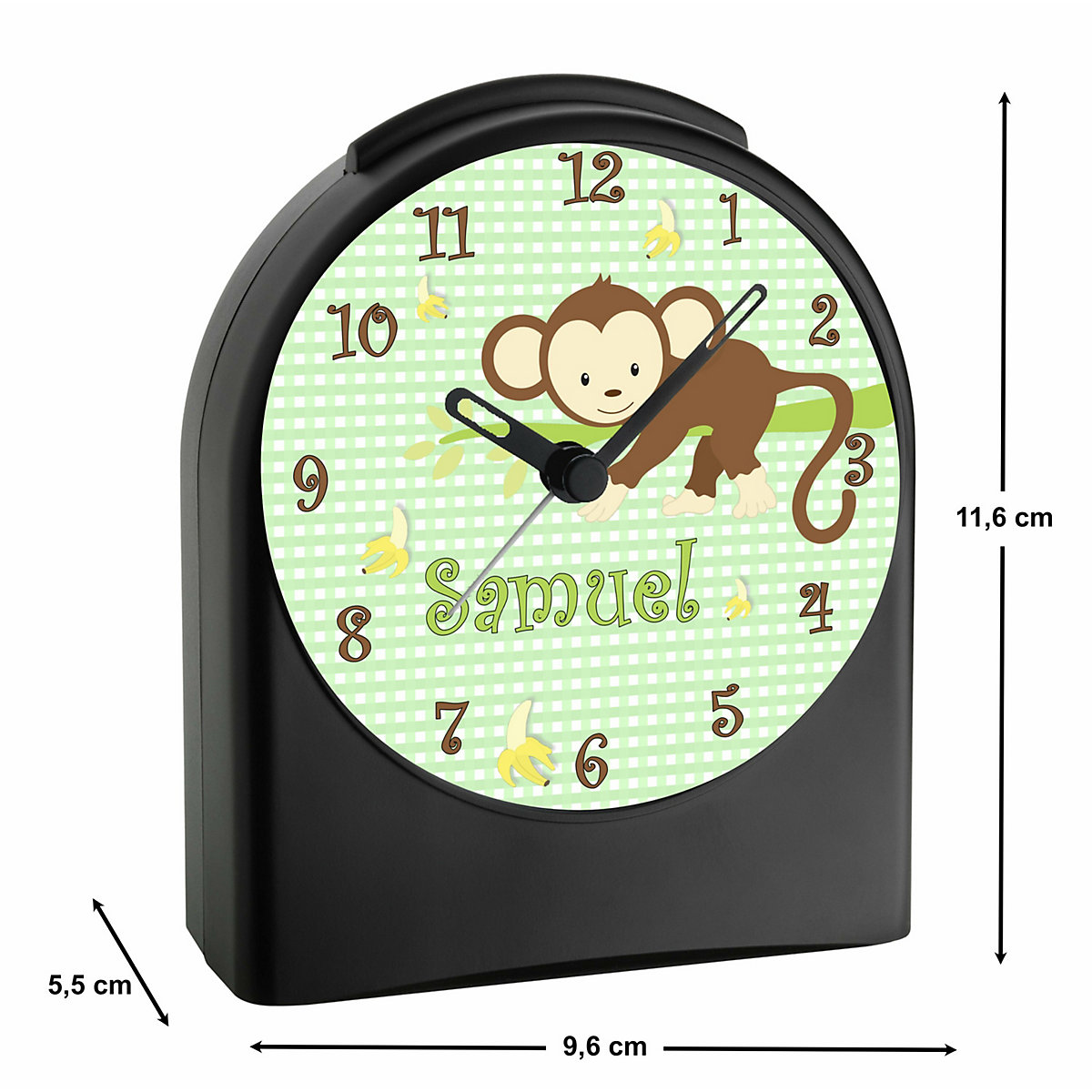 Kinder Funkwecker personalisiert mit Namen Affe Atom-/Funkuhr, 12-Stunden-Anzeigeformat, Schlummerfunktion, Nachtlicht, Geräuschlos/Ohne Ticken