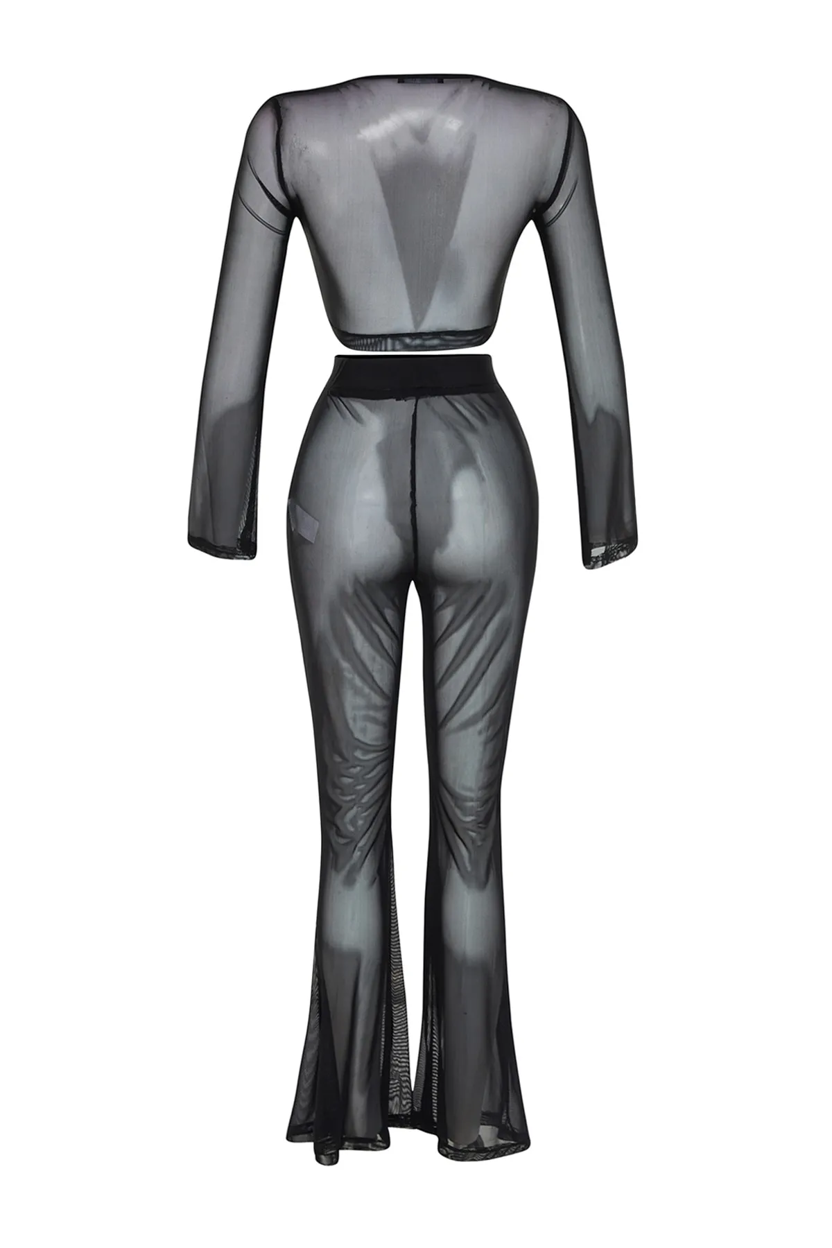Trendyol Collection  Schwarzes gestricktes Blusen- und Hosen-Set mit Krawatte und Netzstoff TBESS22AU0014
