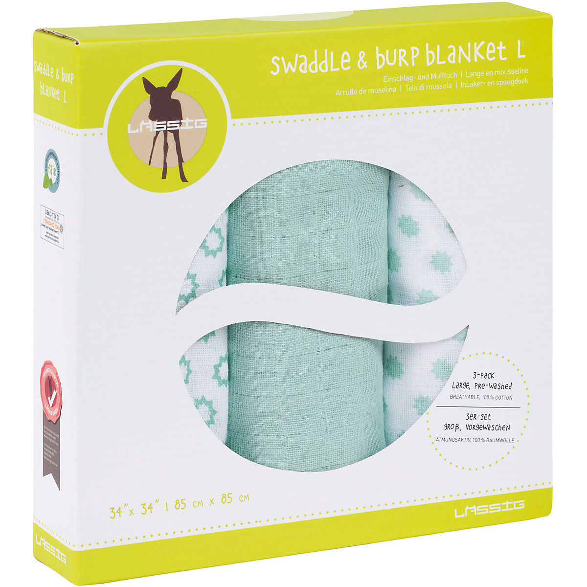 Mulltuch/Spucktuch Little Chums Stars light mint, 85 x 85 cm, 3 Stück