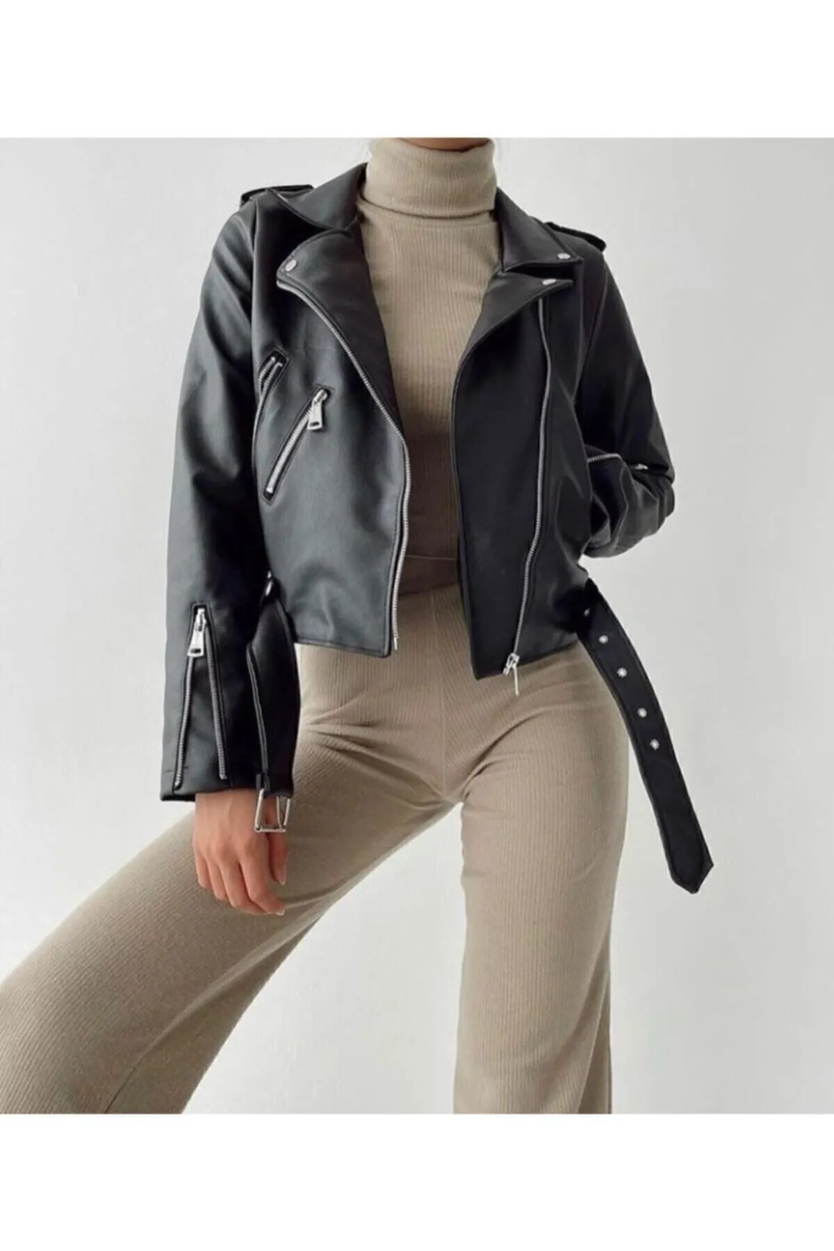 Haziran  Schwarze Damen-Lederjacke mit Reißverschluss und detailliertem Reißverschluss