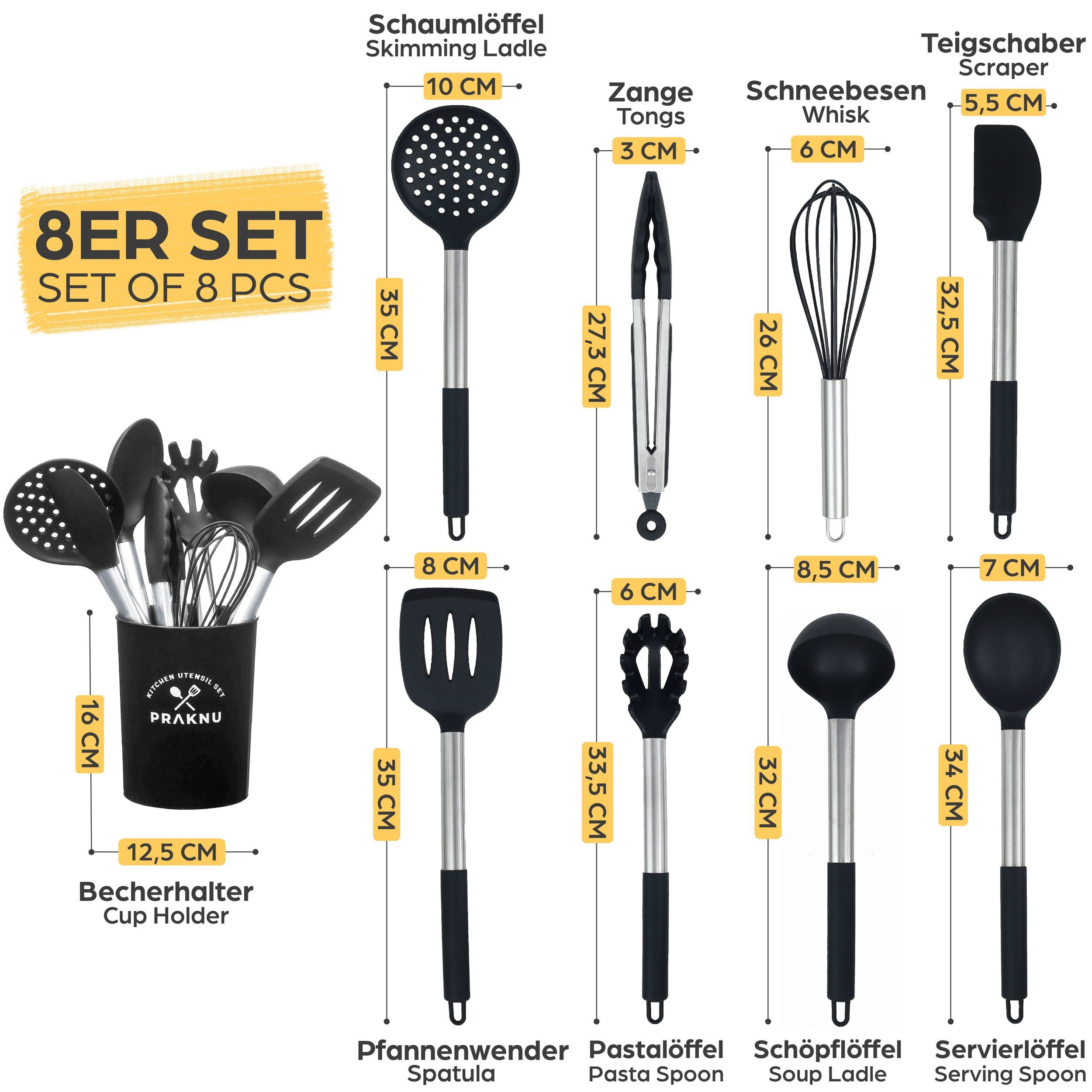 Praknu Kochbesteck-Set - 8 Silikon Küchenhelfer, Edelstahl Kochgeschirr Küchenutensilien (Set, 8-tlg), Küchen Accessoires Zubehör Haushalt Set & Halterung / Aufhängeschlaufe