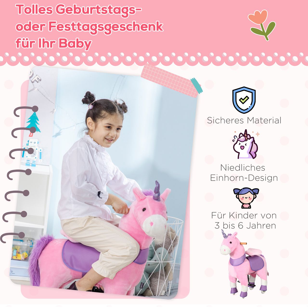 HOMCOM Reitpferd, Einhorn Stehpferd auf Rollen, Stehpferd mit 2 Pedalen, Rosa