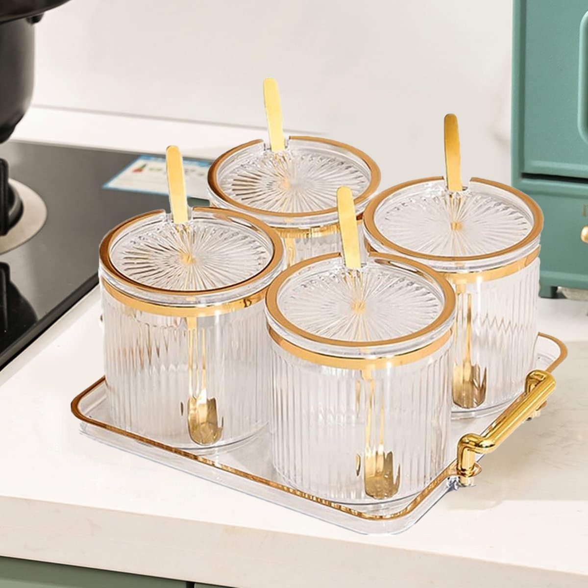 Einemgeld Gewürzbehälter 4 Stück Acryl-Gewürzgläser, mit Deckel, Löffeln und Tablett, 360ml, PET, Acryl, (Set, 4-tlg. Gewürzdose mit Deckel)