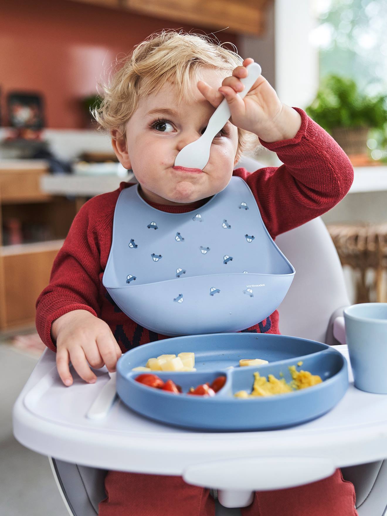 Vertbaudet Baby Lätzchen mit Auffangschale, Silikon - weiß mehrfarbig getupft
