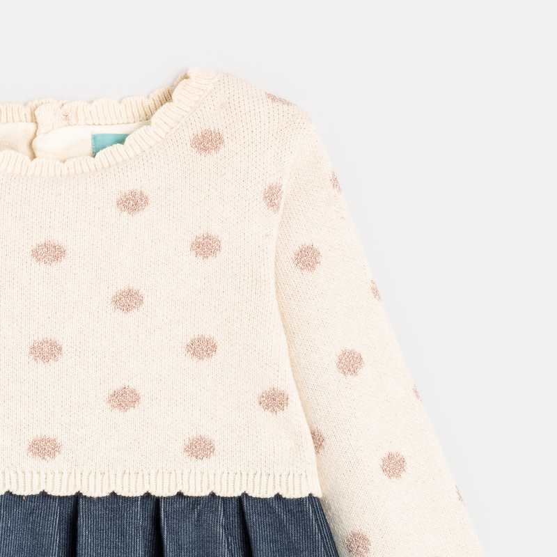 Robe bi-matière maille tricot et velours bleue bébé fille