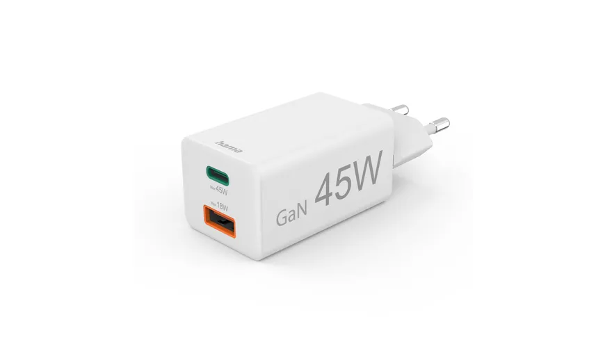 Hama Schnellladegerät, 1x USB-C PD, 1x USB-A QC, Mini-Ladegerät, 45 W, Weiß